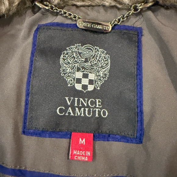 Vince Camuto Long Down Puffer Coat Parka Faux Fur Hood Gray M - Picture 2 of 16